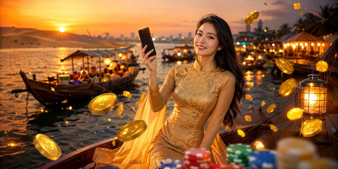 Người dùng tại Mũi Né mặc áo dài trải nghiệm casino di động trên điện thoại